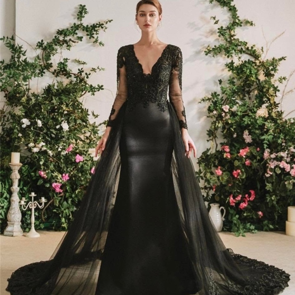Black Plunge Neck Bishop Sleeve Bridal Gown